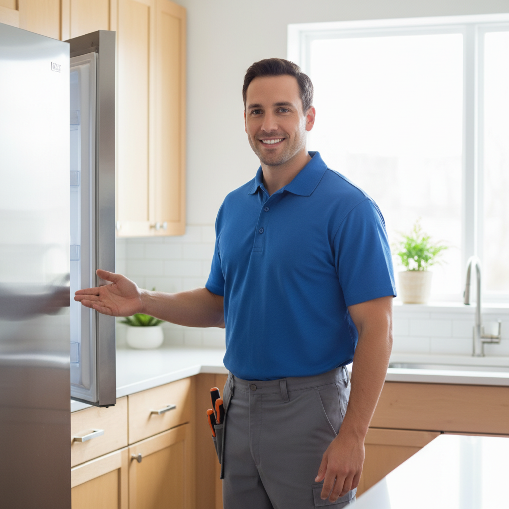 Smiling appliance repair technician in a modern kitchen
