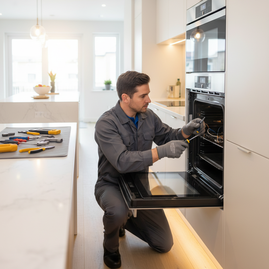 Appliance repair technician repairing a built-in oven